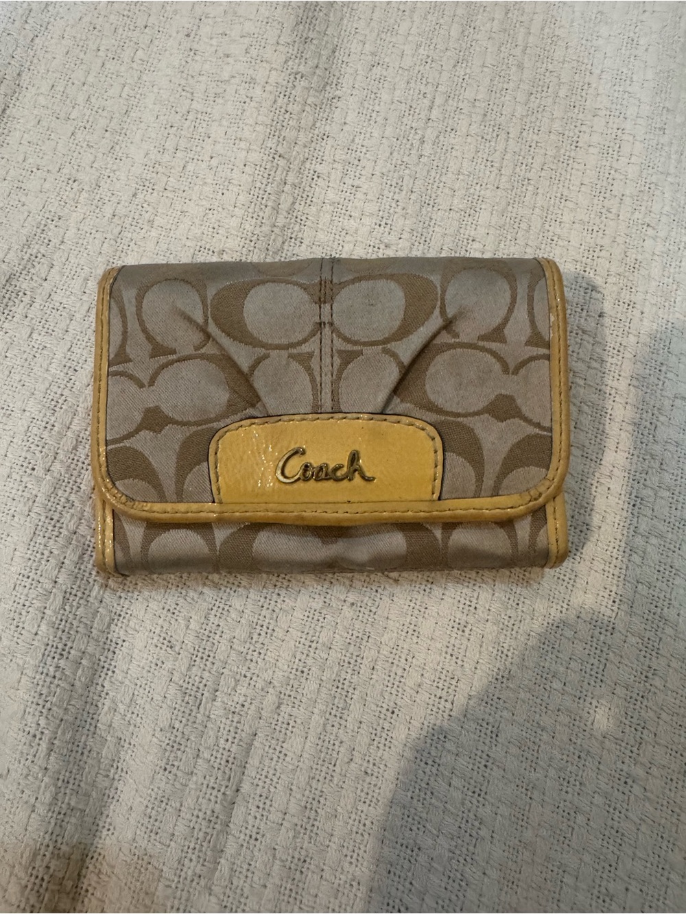 Coach Signature Canvas Wallet in Beige with Yellow Trim